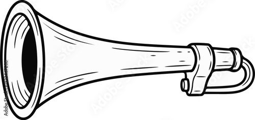 Simple line drawing of a brass instrument with a flared bell and mouthpiece
