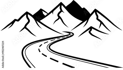 Stylized black ink drawing of a winding road leading towards rugged, abstract mountains