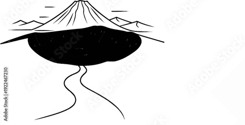 Stylized black ink drawing of a volcano and mountains over a dark pool