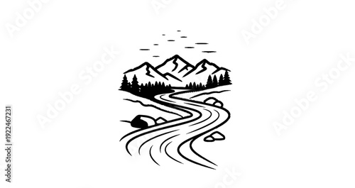 Stylized black and white illustration of a winding river flowing through mountains