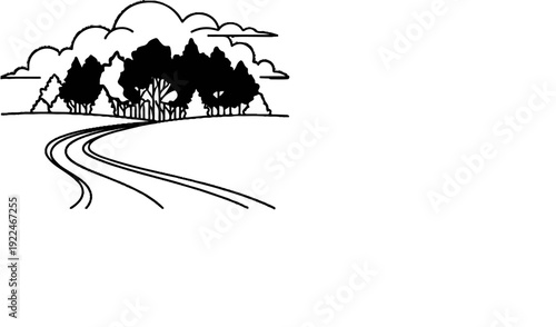 Stylized black and white illustration of a winding road leading towards a forest