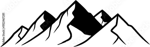Stylized black and white graphic of jagged mountain peaks against a white background