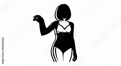Stylized black and white graphic of a woman in a swimsuit, pointing