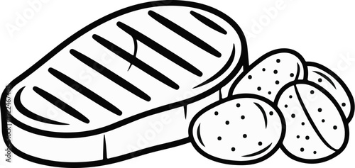Simple line drawing of a grilled steak next to a pile of potatoes