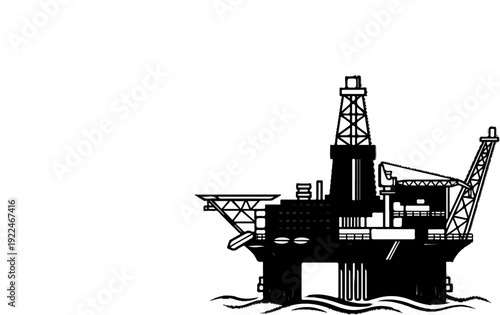 Stylized black and white illustration of an offshore drilling platform in choppy water
