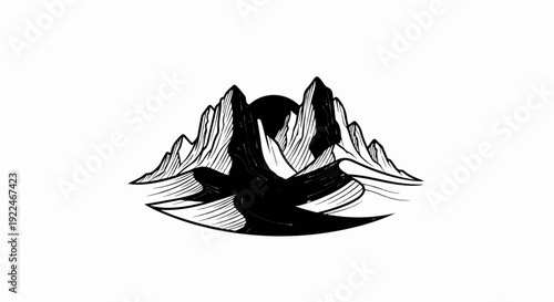 Stylized black and white graphic of jagged peaks, sand dunes, and sun