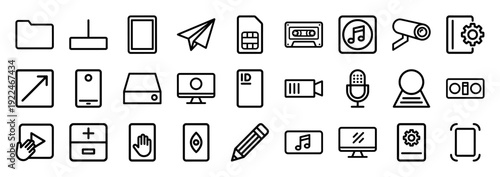 Digital multimedia and communication interface elements. Minimalist monoline icons for hardware, data storage, and creative technology workflows.