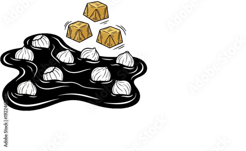 Small yellow candies falling into a pool of dark chocolate with white candies