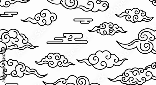 Stylized black line drawings of auspicious clouds on white background, pattern