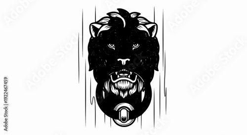 Stylized black lion head door knocker with metallic ring and vertical lines