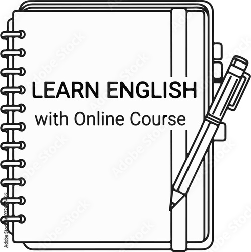 Simple line drawing of a notebook with "LEARN ENGLISH" text and pen
