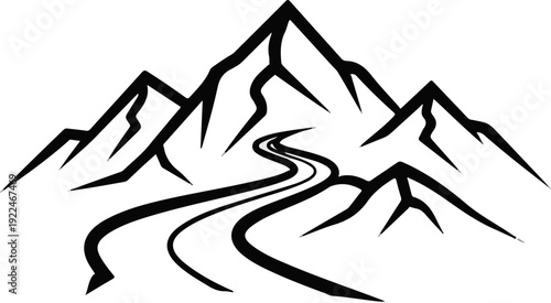 Stylized black and white mountain range with a winding road