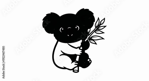 Stylized black and white cartoon koala holding a sprig of leaves