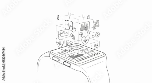 Smartwatch displays health data, with holographic charts and heartbeats