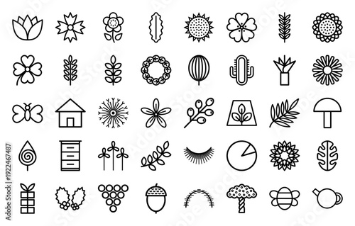 Botanical and garden lifestyle elements for sustainable branding. Technical monoline pictograms featuring diverse floral, leaf, and organic harvesting concepts.
