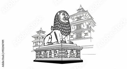 Stone lion statue before ornate historic temple architecture