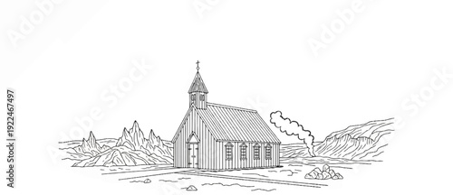 Small, isolated wooden church with a steeple stands in a rugged, mountainous landscape