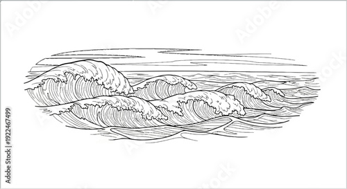 Stylized black and white illustration of crashing ocean waves under a striped sky