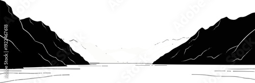 Stylized black mountains frame a stark white sky over a body of water