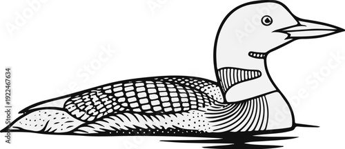 Simple line drawing of a water bird swimming in dark rippling water