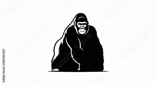 Striking black and white illustration of a powerful gorilla sitting on a plain background