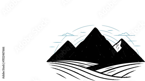 Stylized black mountains with simple clouds and wavy lines in foreground