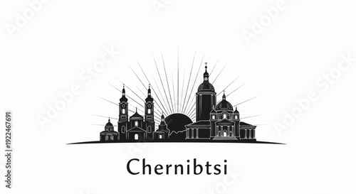 Stylized black and white city skyline with sunburst behind various architectural structures