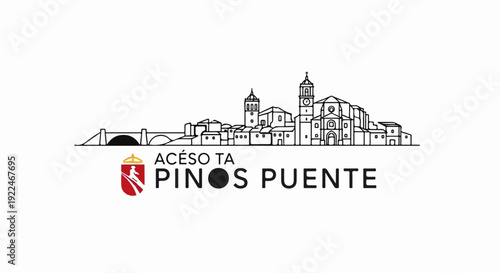 Stylized black and white cityscape with a bridge and church on a hill