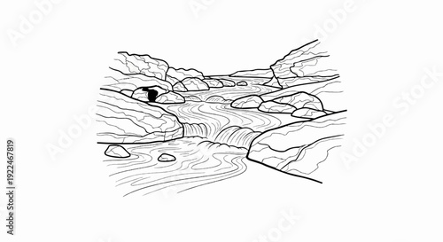 Stylized black and white outline of a cascading river flowing through a rocky gorge