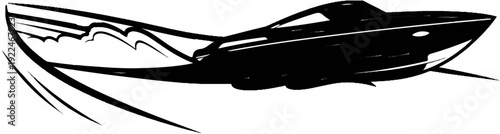 Stylized black and white depiction of a speed boat cutting through water