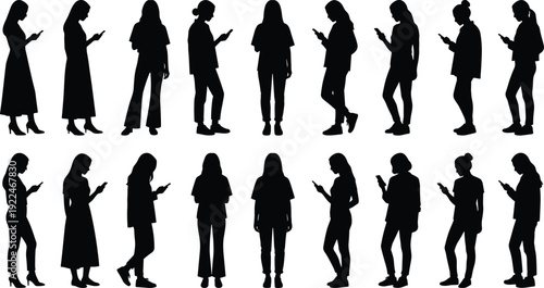 Women silhouette set using smartphones in casual standing poses isolated on white background, modern female lifestyle, social media and mobile communication concept