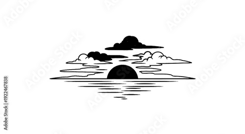 Stylized black and white depiction of a sunrise over water with clouds