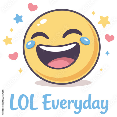 Bright smiling emoji face with tears of joy and happy expression surrounded by colorful stars and hearts