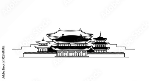 Stylized black and white illustration of traditional East Asian temple complex
