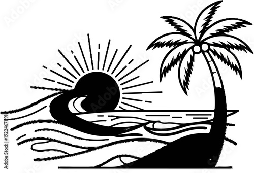Stylized black and white depiction of a tropical beach scene with a palm tree