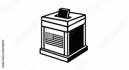 Stylized black and white drawing of a ballot box with an American flag