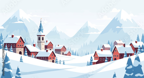 Snow-covered village nestled among snow-capped mountains with evergreen trees