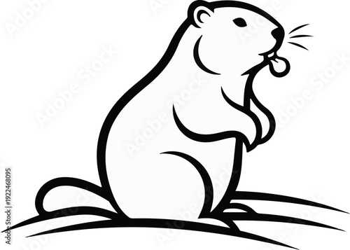 Stylized black and white outline of a rodent with whiskers, sitting on grass