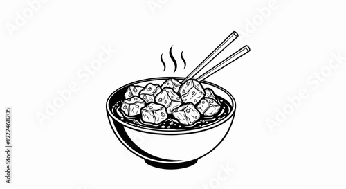 Stylized black and white drawing of a bowl of stew with chopsticks