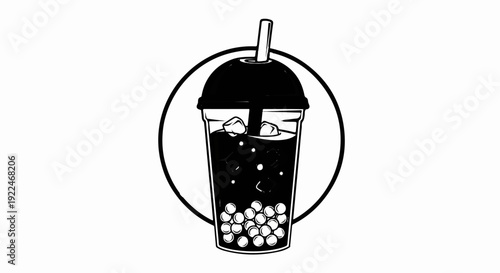 Stylized black and white drawing of a bubble tea with ice and pearls