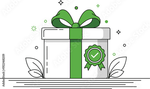 White gift box vector illustration with green ribbon, bow, checkmark badge, decorative leaves, sparkles, and festive design symbolizing celebration, approval, quality assurance, and gifting concepts