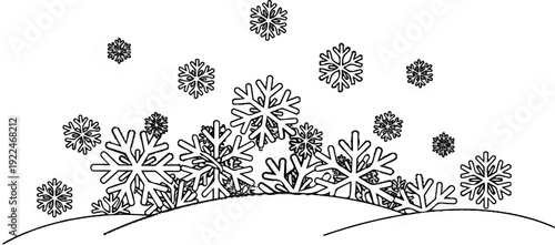 Snowflakes falling and accumulating on rolling hills