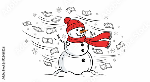 Snowman in winter with flying currency and snowflakes