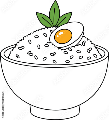 "Stylized bowl of rice illustration with boiled egg and garnish leaves, minimalist food art, healthy meal concept, Asian cuisine design, and nutritional culinary drawing"