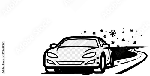 Stylized black and white drawing of a car driving on a snowy road