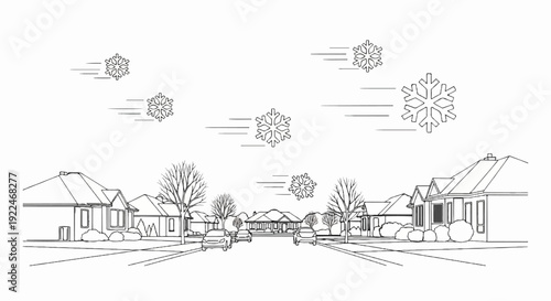 Snowy day in a suburban neighborhood with houses, cars, and trees