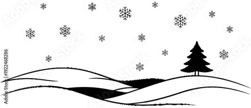 Snowy landscape with snowflakes falling and a lone evergreen tree on a hill