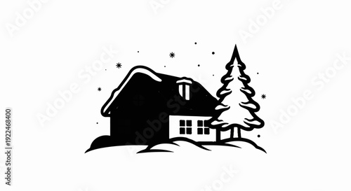 Silhouette of a snowy house and pine tree with falling snowflakes