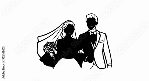 Silhouette of a smiling bride and groom at a wedding ceremony holding flowers