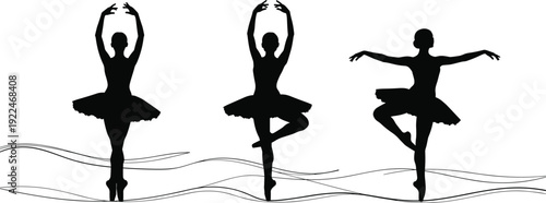 Silhouettes, of, three, professional, female, ballet, dancers, performing, elegant, poses, in, tutus, with, graceful, artistic, lines, on, white, background
